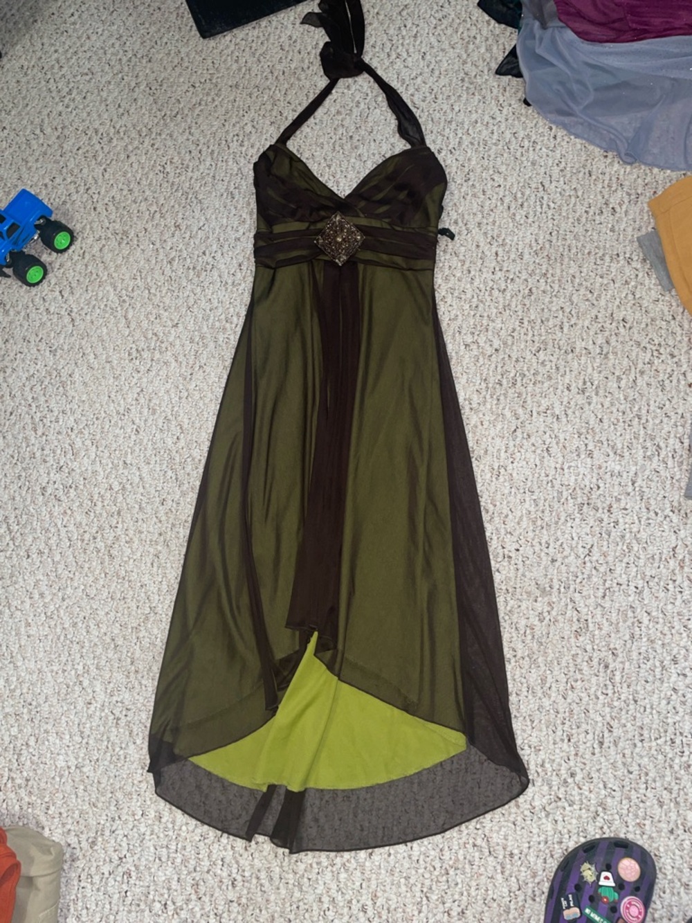 Jodi Kristopher Olive and Brown High-Low Halter Dress